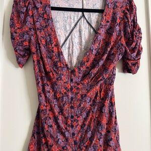 Free People Floral V-Neck Blouse - Red and Purple